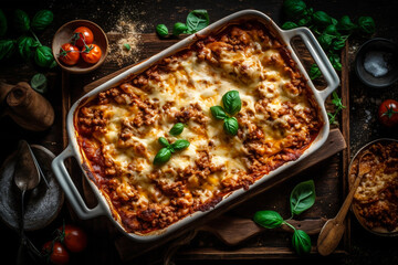 Top view of tray of homemade lasagna with layers of pasta, meat sauce, creamy bechamel and melted cheese. AI generated - 607724000