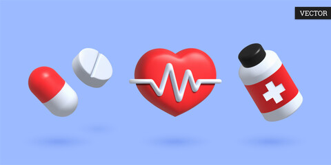 Medicine 3d icons set. Pills, heart rate and a plastic bottle with capsules. Collection of elements for pharmaceutical in cartoon style. Vector illustration.