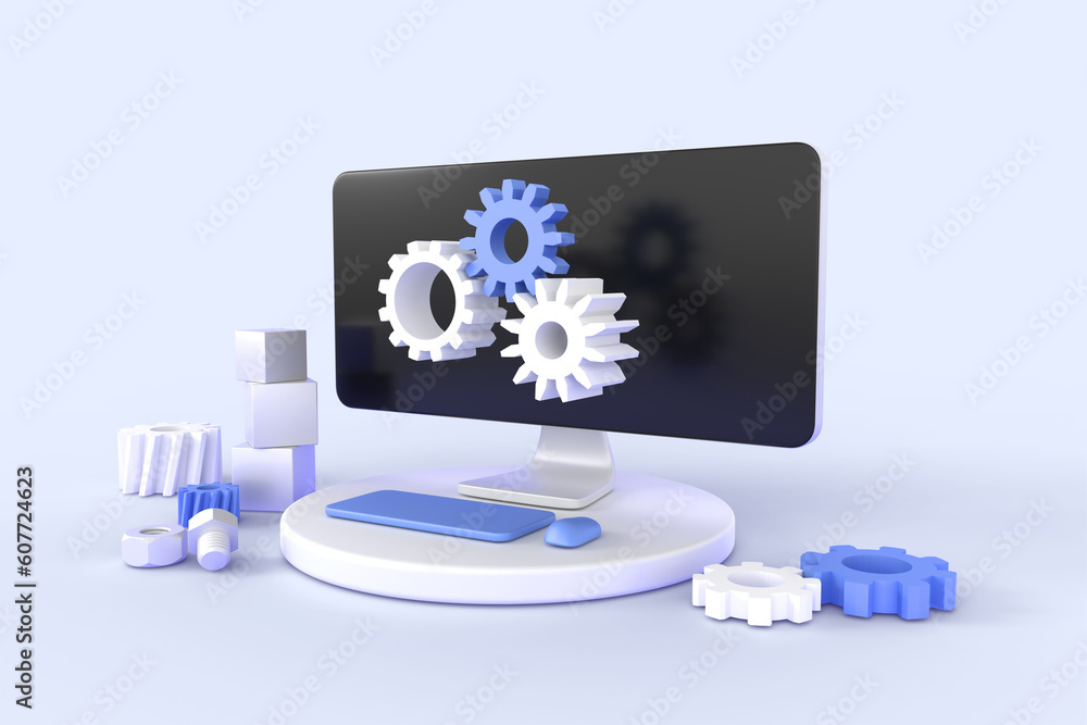Poster technical support isometric 3d render. computer service with gears on pc screen, software developmen