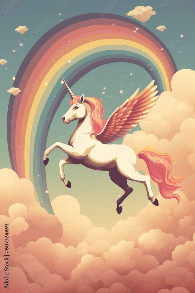 Aufkleber a unicorn flying through the sky with a rainbow in the background. generative ai image.