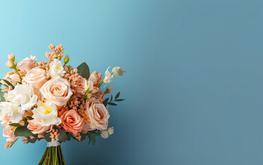 Beautiful wedding bouquet on color background with empty space. Ai generative