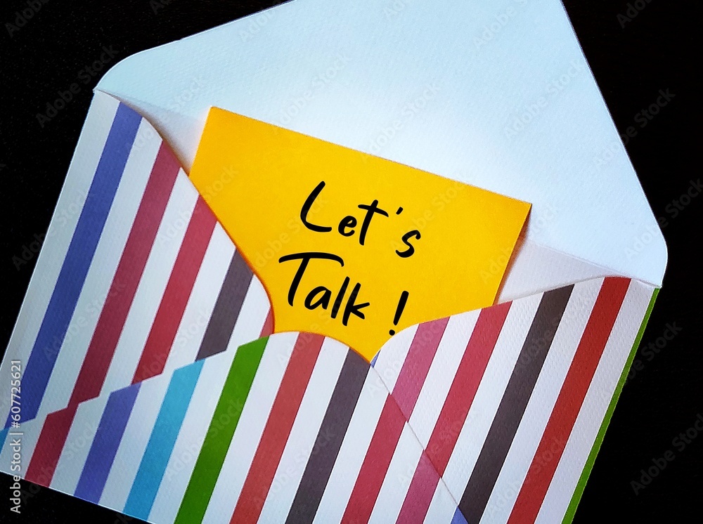 Poster yellow note in envelope with text written let's talk? a request to have difficult conversations or s