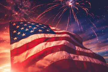 Fireworks in the colors of the USA flag. National celebration, July 4. Celebration United States of America. Generative AI