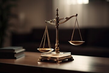 Scales of justice on a wooden table. The concept of the law of the judiciary, jurisprudence and justice. Blurred background. Generative AI