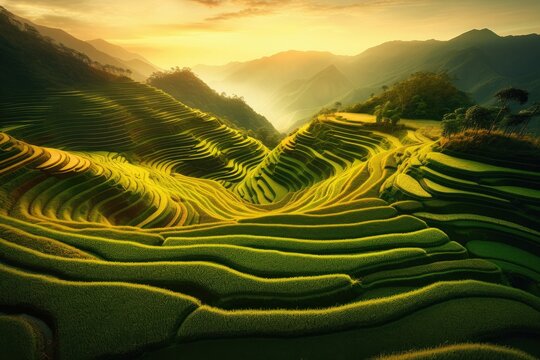 Beautiful scenery of terraced rice fields at sunset. Generative AI