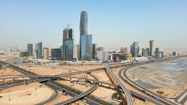 Riyadh: Aerial view of capital city of Saudi Arabia, modern city skyline, skyscrapers of King Abdullah Financial District (KAFD) - landscape panorama of Arabian Peninsula from above
