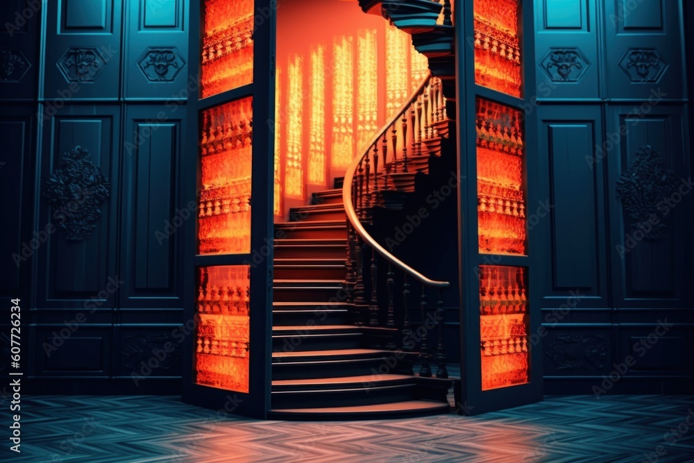 Aufkleber a spiral staircase going up to an open door. generative ai image.