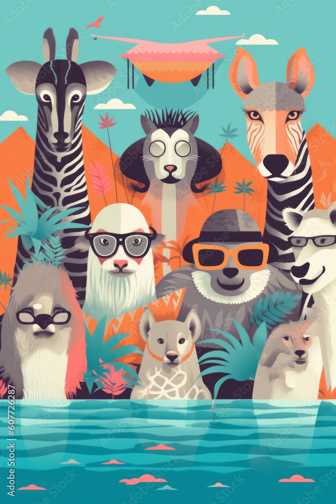 Poster a group of animals standing next to each other. generative ai image.