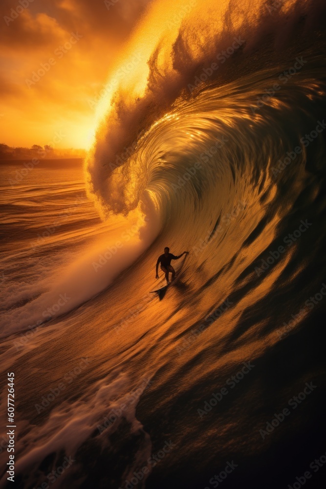 Poster a man riding a wave on top of a surfboard. generative ai image.