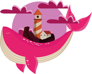 Pink Whimsy Girl's Decal with a Whimsical Whale, Lighthouse, and Pink Cloud House