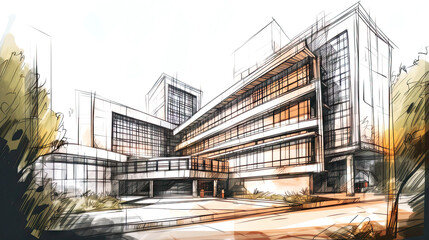 Concept technical design sketches of houses and villas in ink & pencil and watercolor. Artistic sketches detail architecture showcasing modern apartment buildings. Generative AI