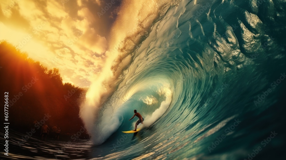 Poster a man riding a wave on top of a surfboard. generative ai image.