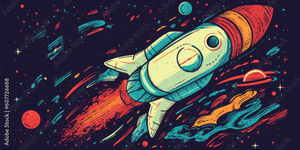 Aufkleber a drawing of a space rocket with the word'relukh'written on it. generative ai image.