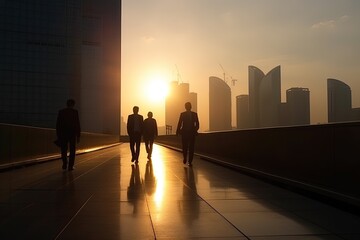 Fototapeta na wymiar Silhouette of business people walking in the city, AI, created with AI, Generative AI