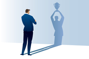 Comtemplating on business success, top performance, winner concept : Businessman looks his shadow raising a trophy cup on the wall, depicts scrutinizing on ways to race and achieve goals 