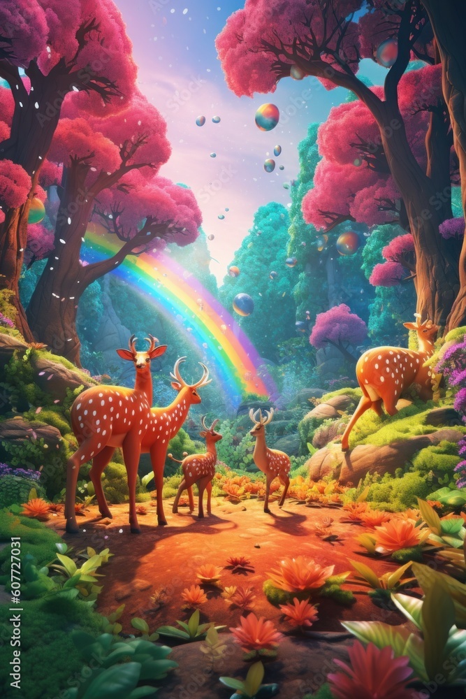 Aufkleber a group of deer in a forest with a rainbow in the background. generative ai image.