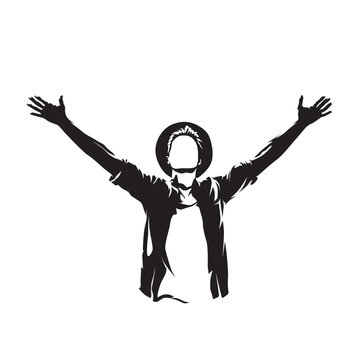 Happy man with his arms outstretched above his head enjoying life, isolated vector silhouette, ink drawing