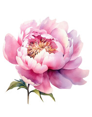 Watercolor pink Peony, summer floral blossom, Generative AI, png image.