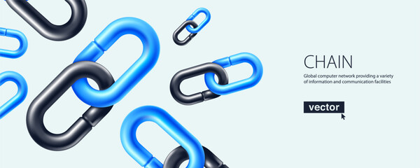Blockchain link banner in 3D cartoon plastic style. Realistic vector render. Crypto currency template. Hyperlink web design.