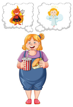 Overweight woman fighting between eating healthy or unhealthy food