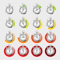 Realistic classic stopwatch. Shiny metal chronometer, time counter with dial. Colorful countdown timer showing minutes and seconds. Time measurement for sport, start and finish. Vector illustration