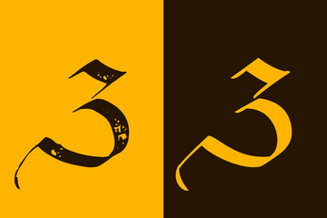 Number 3. Three sign logo in Gothic style. Calligraphy letters. Antique vintage blackletter vector emblems set.