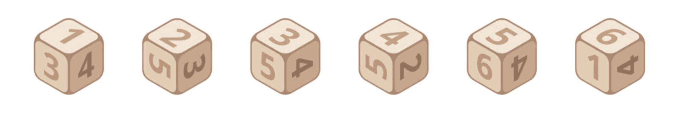 Set of 6 wooden game dice with numerals. 3D casino clipart. Isolated vector and PNG illustration on transparent background.