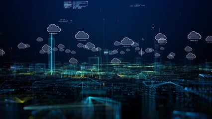 Cybersecurity digital data and data analysis background, Cityscape of cloud computing using artificial intelligence. Futuristic technology internet and big data 5g connection. - Powered by Adobe