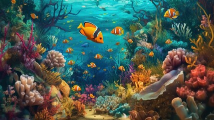 Fototapeta na wymiar A painting of an underwater scene with fish. Generative AI image.