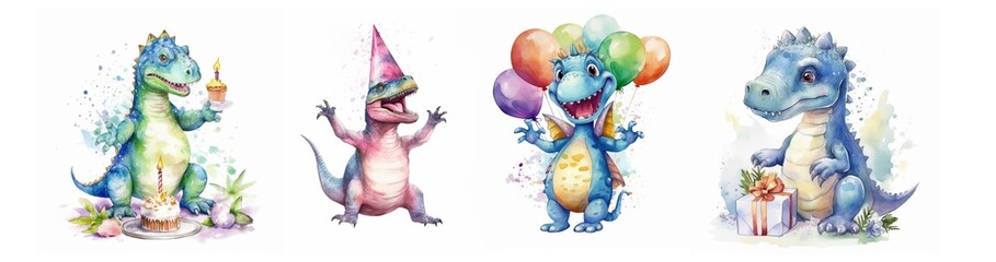 Set of illustrations in watercolor style for the design of invitation cards for a children's birthday in the theme of Dinosaurs: with a cake, with a gift, happy, AI generated