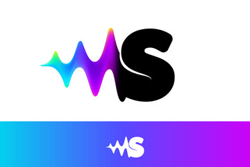 Letter S logo with sound wave flow. Vibrant line glitch effect. Multicolor neon gradient icon.