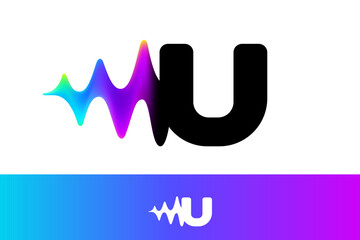 Letter U logo with sound wave flow. Vibrant line glitch effect. Multicolor neon gradient icon.