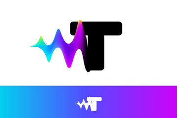 Letter T logo with sound wave flow. Vibrant line glitch effect. Multicolor neon gradient icon.