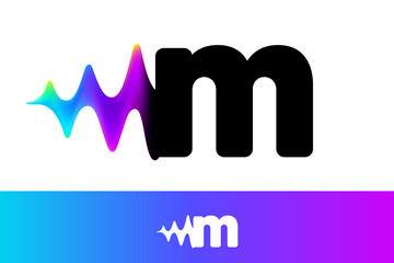Letter M logo with sound wave flow. Vibrant line glitch effect. Multicolor neon gradient icon.