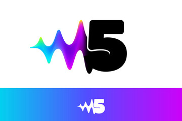 5 logo. Number five with sound wave flow. Vibrant line glitch effect. Multicolor neon gradient icon.