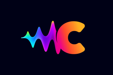 C letter logo with pulse music player element. Vibrant sound wave flow line and glitch effect. Neon gradient icon.