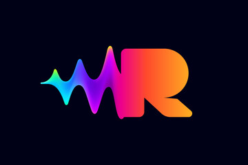 R letter logo with pulse music player element. Vibrant sound wave flow line and glitch effect. Neon gradient icon.