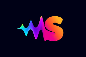 S letter logo with pulse music player element. Vibrant sound wave flow line and glitch effect. Neon gradient icon.