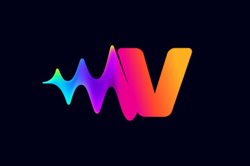V letter logo with pulse music player element. Vibrant sound wave flow line and glitch effect. Neon gradient icon.