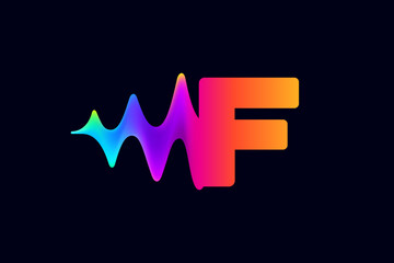 F letter logo with pulse music player element. Vibrant sound wave flow line and glitch effect. Neon gradient icon.