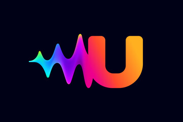 U letter logo with pulse music player element. Vibrant sound wave flow line and glitch effect. Neon gradient icon.
