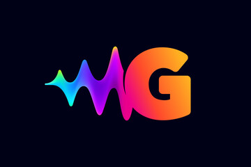 G letter logo with pulse music player element. Vibrant sound wave flow line and glitch effect. Neon gradient icon.