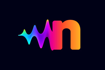 N letter logo with pulse music player element. Vibrant sound wave flow line and glitch effect. Neon gradient icon.