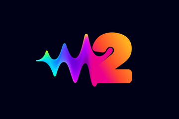 2 logo. Number two logo with pulse music player element. Vibrant sound wave flow line and glitch effect. Neon gradient icon.