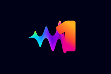 1 logo. Number one logo with pulse music player element. Vibrant sound wave flow line and glitch effect. Neon gradient icon.