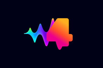 4 logo. Number four logo with pulse music player element. Vibrant sound wave flow line and glitch effect. Neon gradient icon.