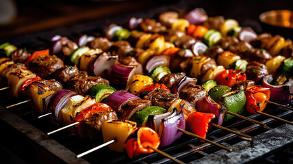 Grilled skewers of vegetables and meat on the grill. Generative Ai
