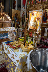 a table with items for an Orthodox baptism