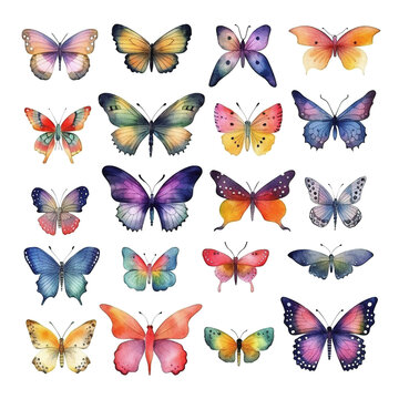 Set of watercolor Watercolor butterflies illustration isolated on a transparent background. Transparent Png files, ai generated