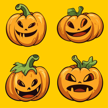 Vector Art, Pumpkin family cartoon illustration, spooky smile Halloween Illustration